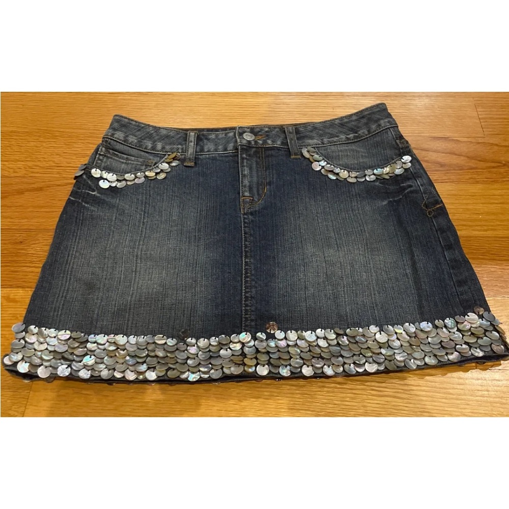 London Jean Denim Skirt Shell Trim sz 4 stretch